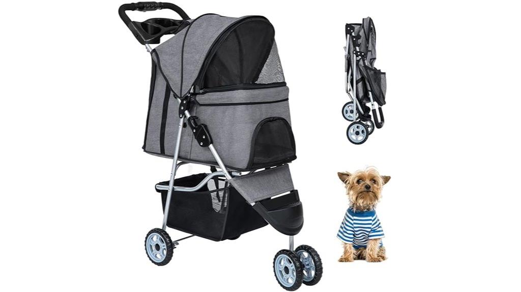grey three wheel pet stroller